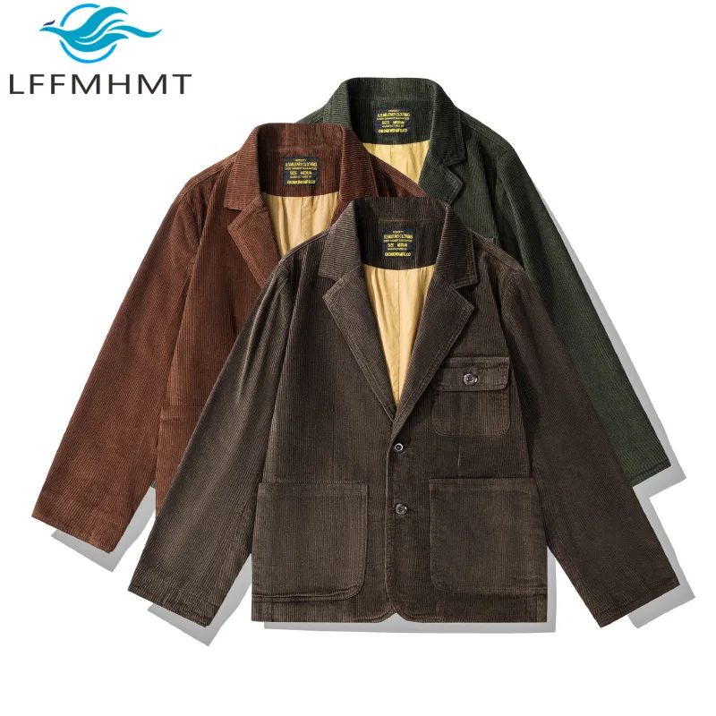 

100% Cotton Corduroy Blazer for Men America Style Good Quality Jacket Multi-pocket Business Casual Solid Color Simple Basic Coat