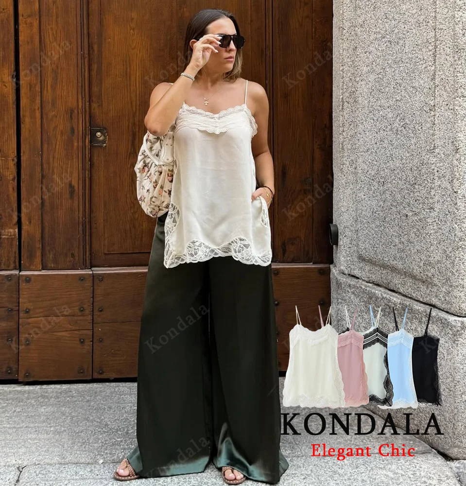 

KONDALA Fall Lady Romantic Sexy Lace Tops Slim Satin Halter Tops 2025 New Spring Autumn Fashion Elegant Dating Women Cami Tops
