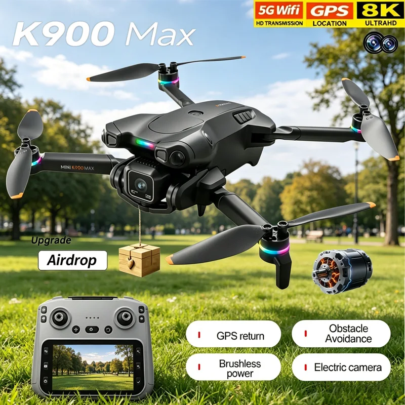 Mini Dron K900 Max con Cámara Dual 8K, 5G GPS FPV, Fotografía Profesional, Motor sin Escobillas, Plegable con Evitación de Obstáculos, Dron RC