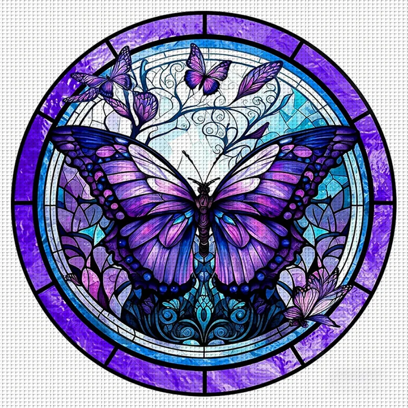 1 Stück 36x36cm/14,17x14,17 Zoll, 11CT Druck-Kreuzstich-DIY-Set, Glasvioletter Schmetterling, Entspannendes Kreuzstich-Set für Erwachsene Anfänger