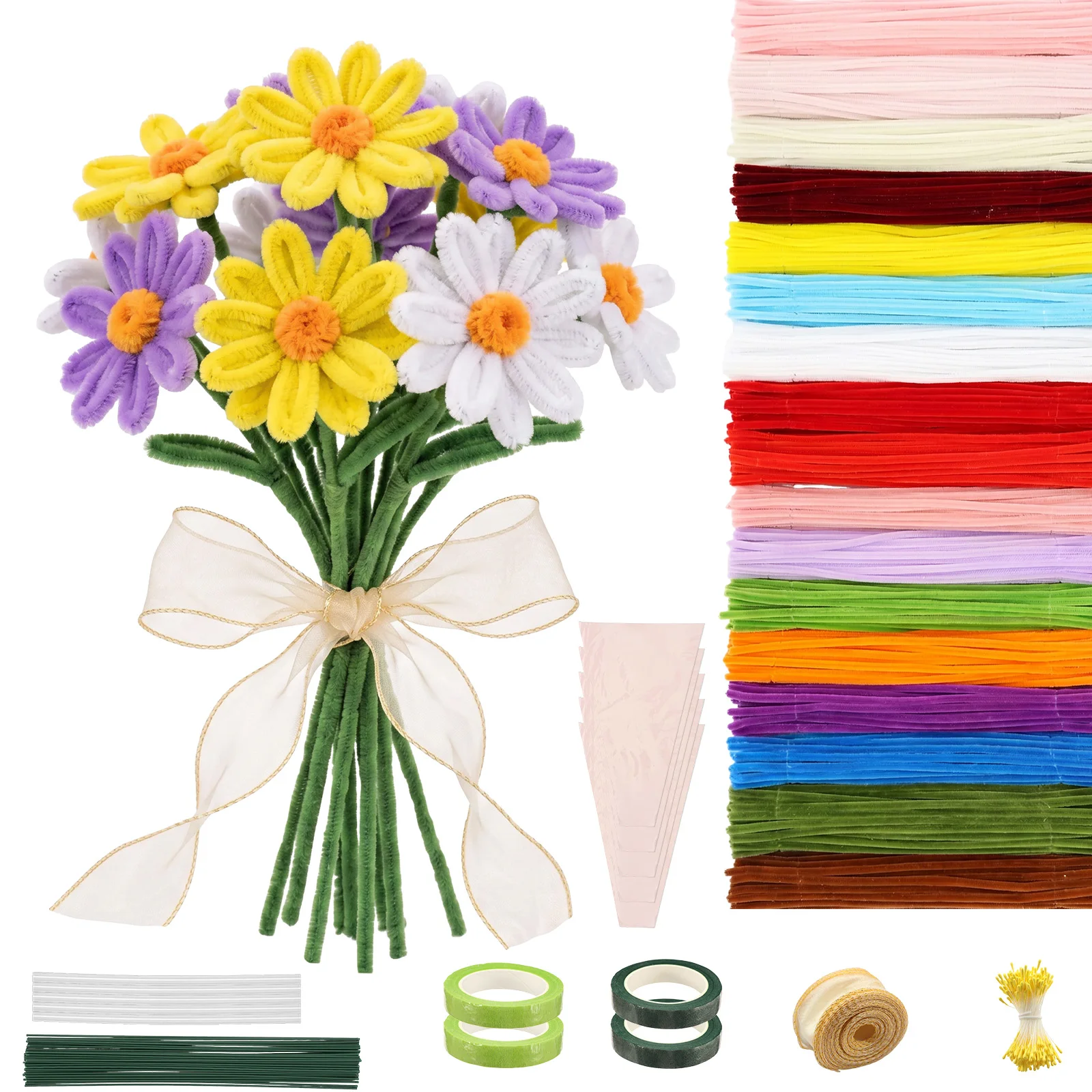 Colorful Pipe Cleaners Plush Stem Wired Twist Sticks Pipe Cleaner Flower Making Kit with Hot Glue Stick Flower Handmade Craft