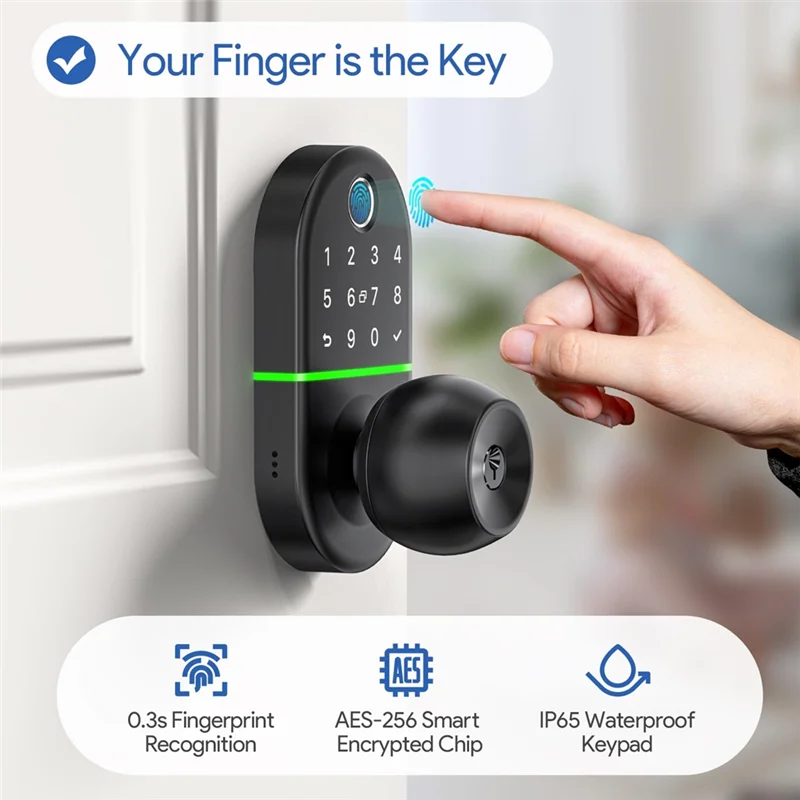 Y45A-Smart Door Lock With Handle, Fingerprint Electronic Knob For Front Door, Generate Passcode Remotely, Lock With Knob