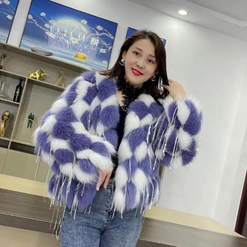 Natural Fox Fur Coat With Tassels Fashion winter Warm fur coat women CoatsReal Fox Fur jackets fur coatThick Jackets