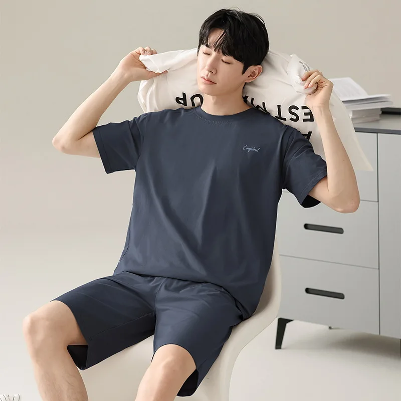 

Men's Casual Home Suit Set Solid Short-Sleeve Top And Shorts Breathable Fabric Soft Touch Fit Homewear Sleepwear And Outings Pjs