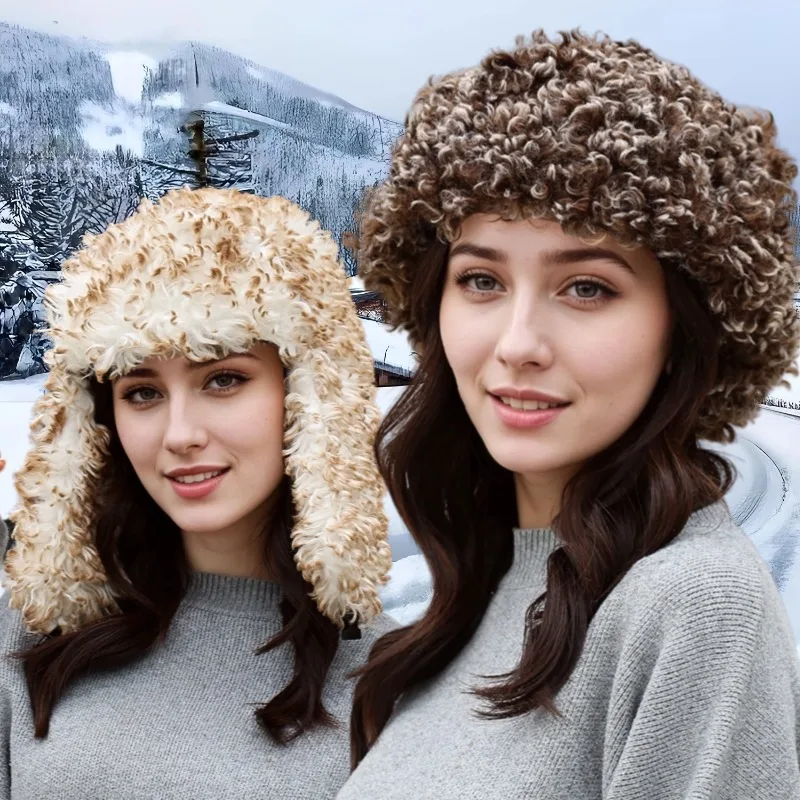 Modna czapka traperka dla dorosłych, czapka lotnicza uszanka na ekstremalne zimy, imitacja futra jagnięcego, wełniana czapka z ochroną uszu, ciepła damska czapka narciarska 8M97