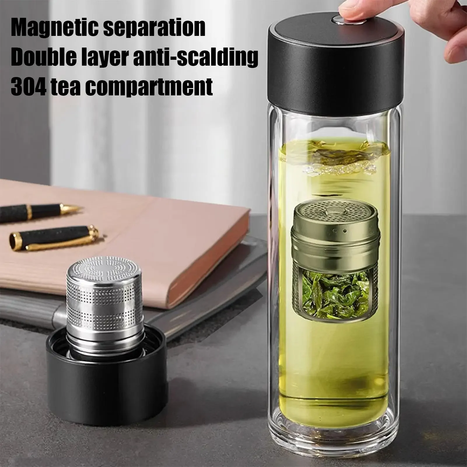 

Glass Tea Bottle Portable Tea Infuser 400ml High Temperature Resistant Drinkware With Magnetic Lid Double-Layer Water Cup For