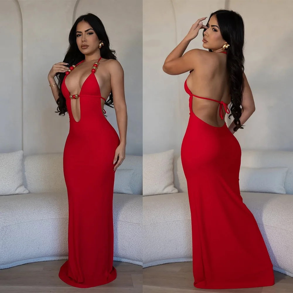 

Zy6106 Sexy Deep V-neck Beaded Slim Evening Dress Backless Tie Long Dress Summer Maxi Dress Bandage Clothes Midi Y2k、