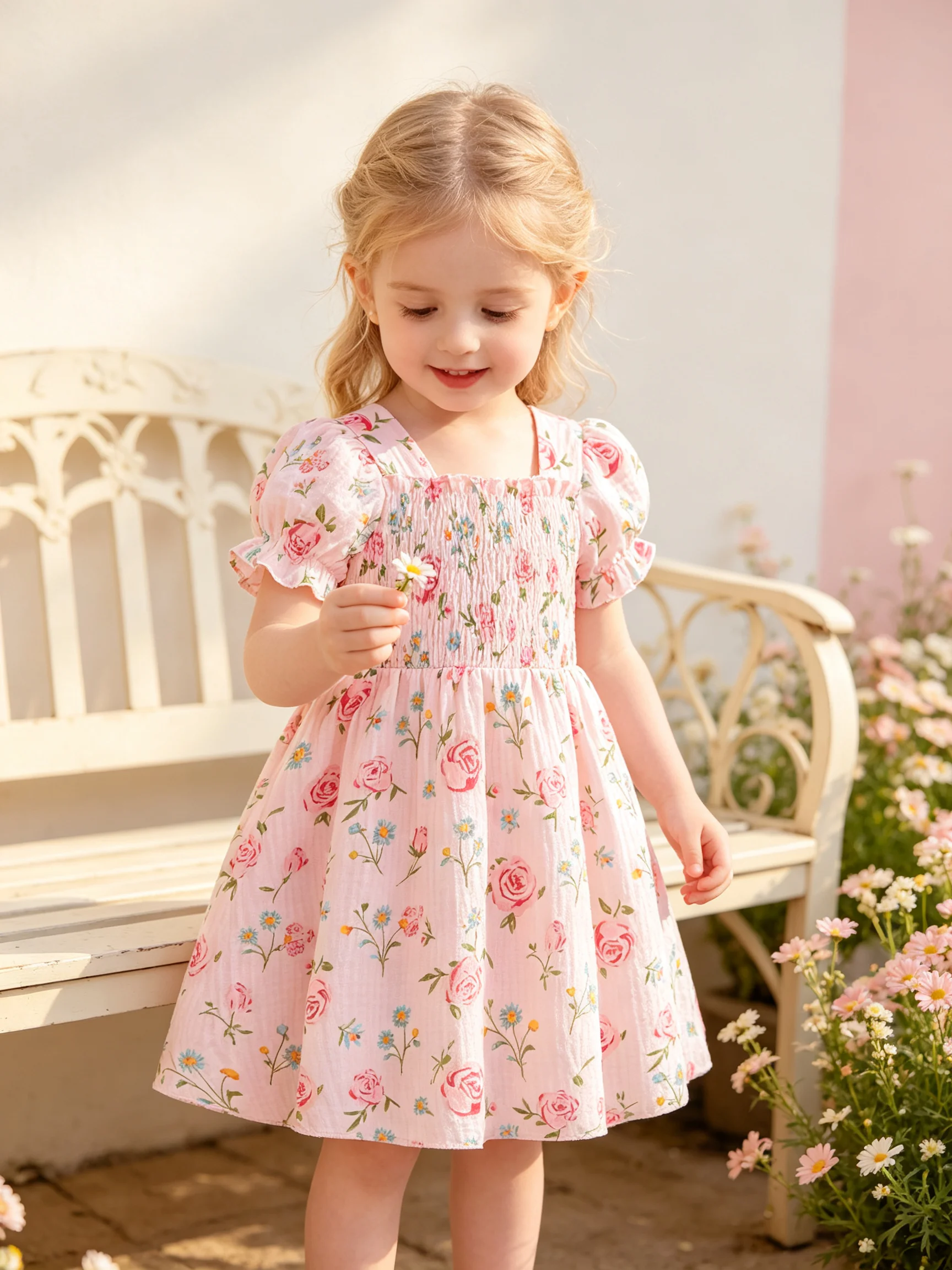 Girls Floral Puff Sleeve Dress, Square Neck Smocked Waist Pink Rose Print A-line Dress Summer Casual Kids Party Outfit
