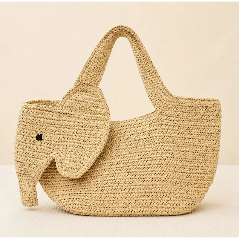 Elefantenförmige Raffia Handgewebte Strohtasche, Damen Schultertasche, Sommer Strand Urlaub Seaside Casual Tragetasche, Leichtgewichtig – Detail 16