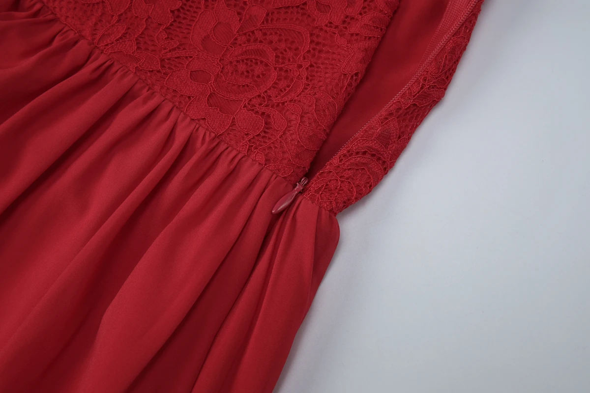 Hugcitar Damenmode, Neckholder, V-Ausschnitt, einfarbig, rückenfrei, gerüscht, mit Schnürung, sexy Maxikleid, Patchwork-Spitze, Sommerkleid, Strandurlaub – Detail 8