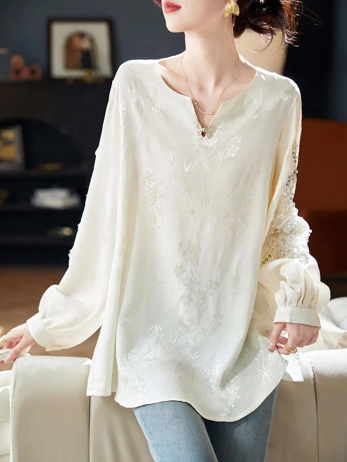 

Spring Autumn New Style Elegant New Chinese Style Long Sleeve Top Beaded Sequin Jacquard V-Neck Chiffon Shirt Women's