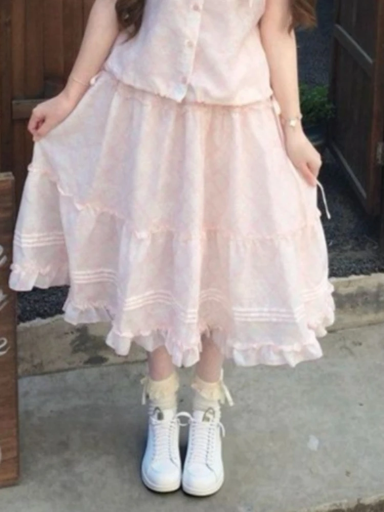 Japanese Vintage Sweet Bow Peter Pan Collar Top + Ruffle Midi Skirt Women's 2 Piece Set Pink Summer Casual Fashion Chic Clothes view 4