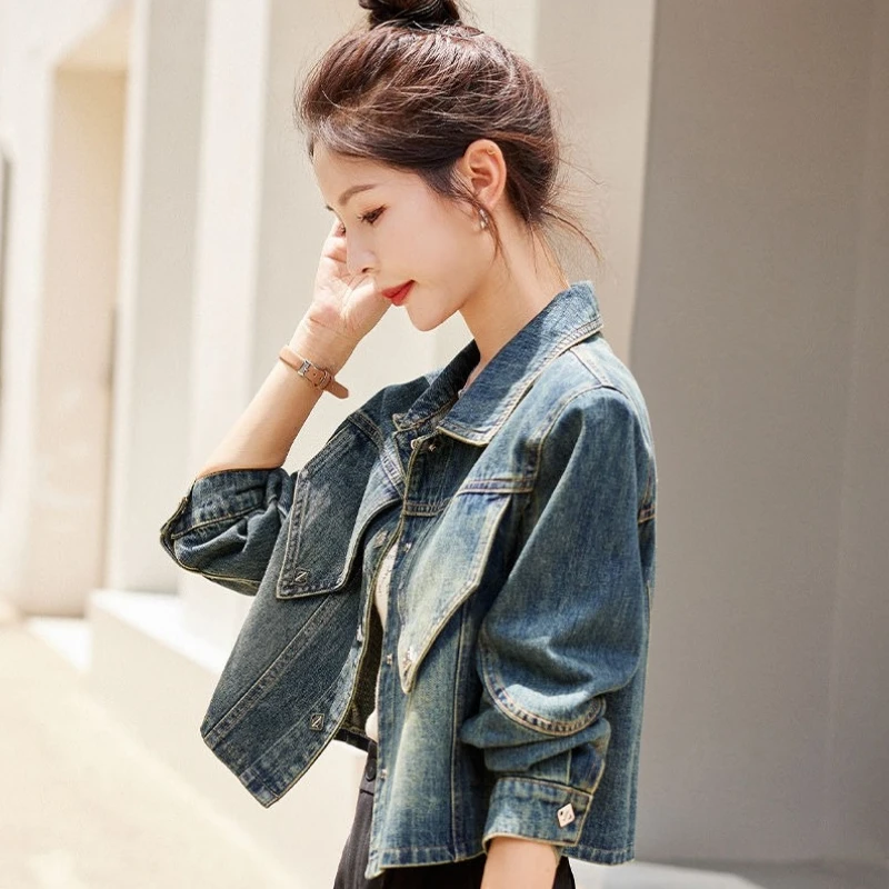 

Women Denim Cropped Jacket Petite Fit Unique Design Retro Inspired Versatile Casual Blazer 2025 Spring Autumn Elegant Fashion
