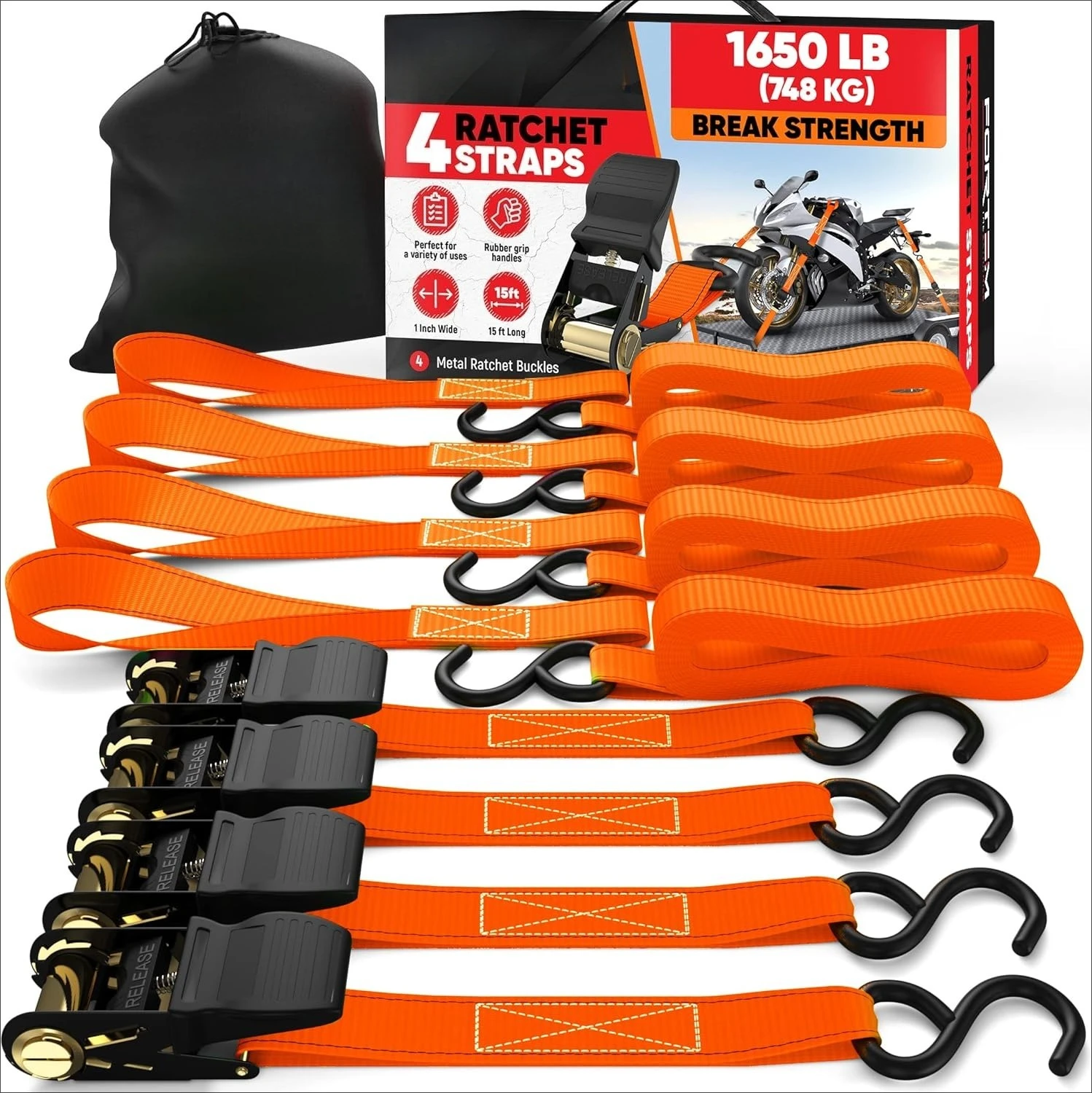 

Ремни с храповым механизмом, прочность на разрыв 748 кг, набор из 4 штук, 4,6 м x 2,54 см, комплект стяжных ремней, 4 мягкие петли, ремни для крепления мотоциклов, сумка для переноски