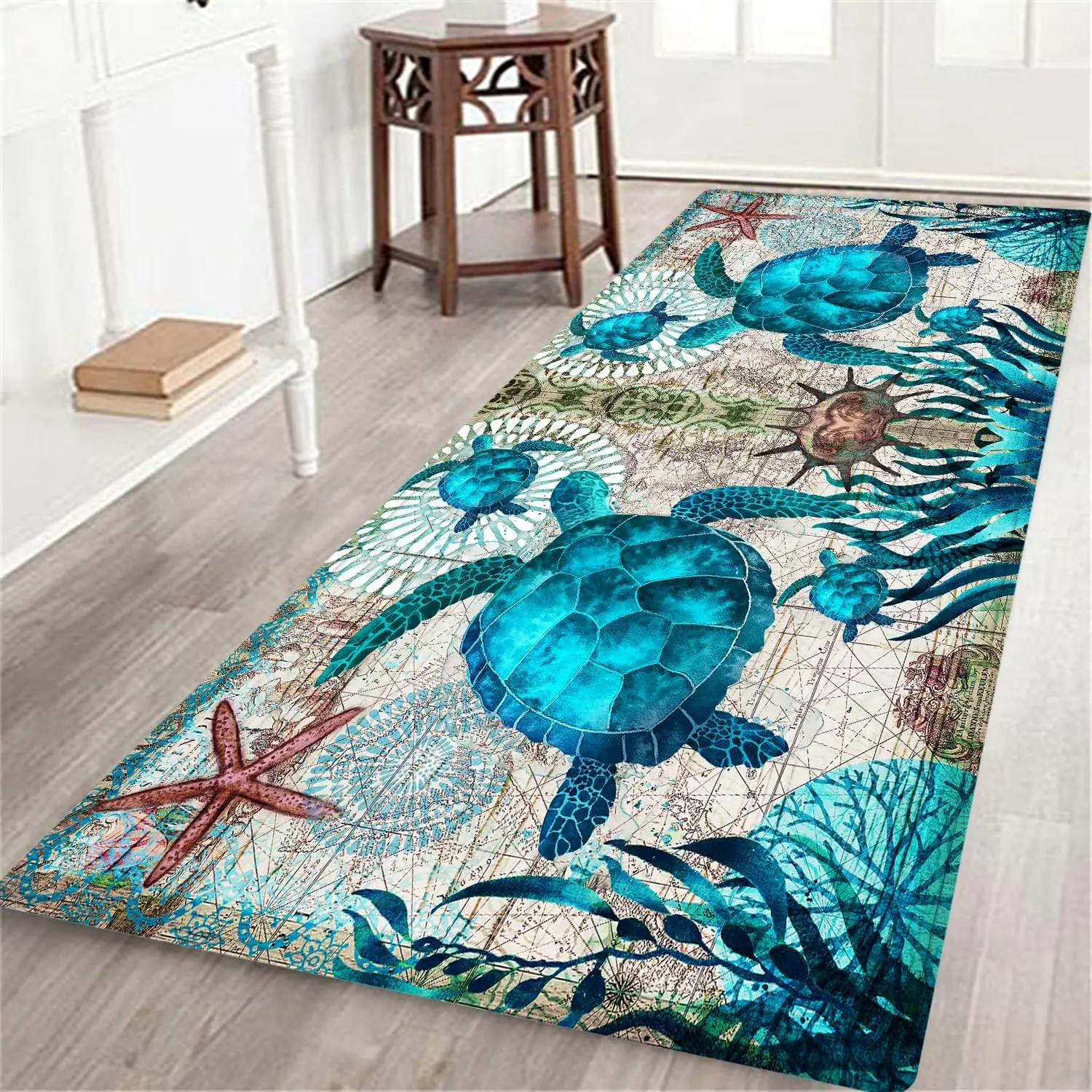 Coastal Runner Rug for Hallway Sea Turtle Hallway Rugs Nautical Throw Rug Blue Turtles Beach Ocean Life Teal Area Carpet NonSlip