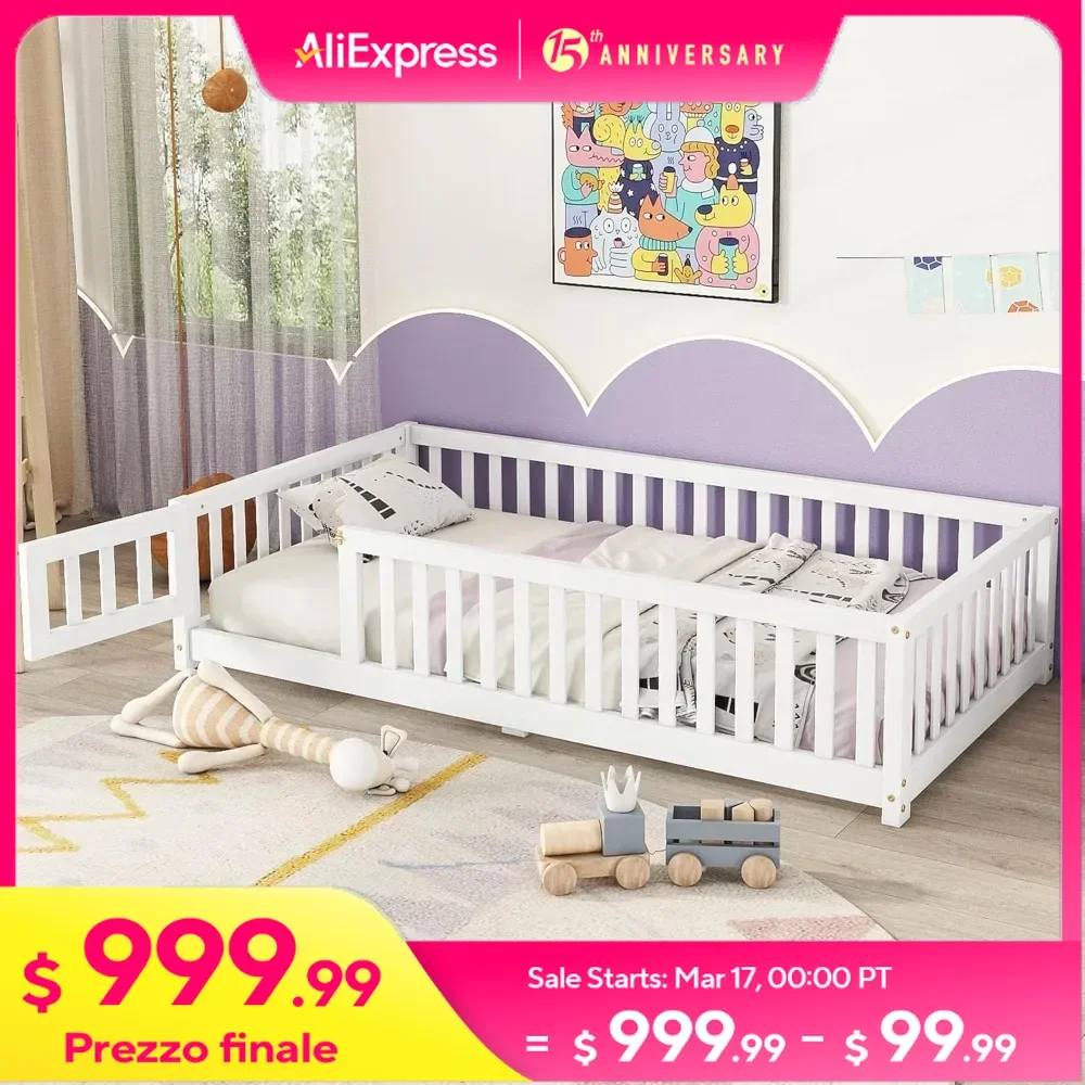 Twin Floor Bed with Slats and Center Support Bar, Montessori Floor Bed with Fence and Door, Kids Montessori Bed Twin Size