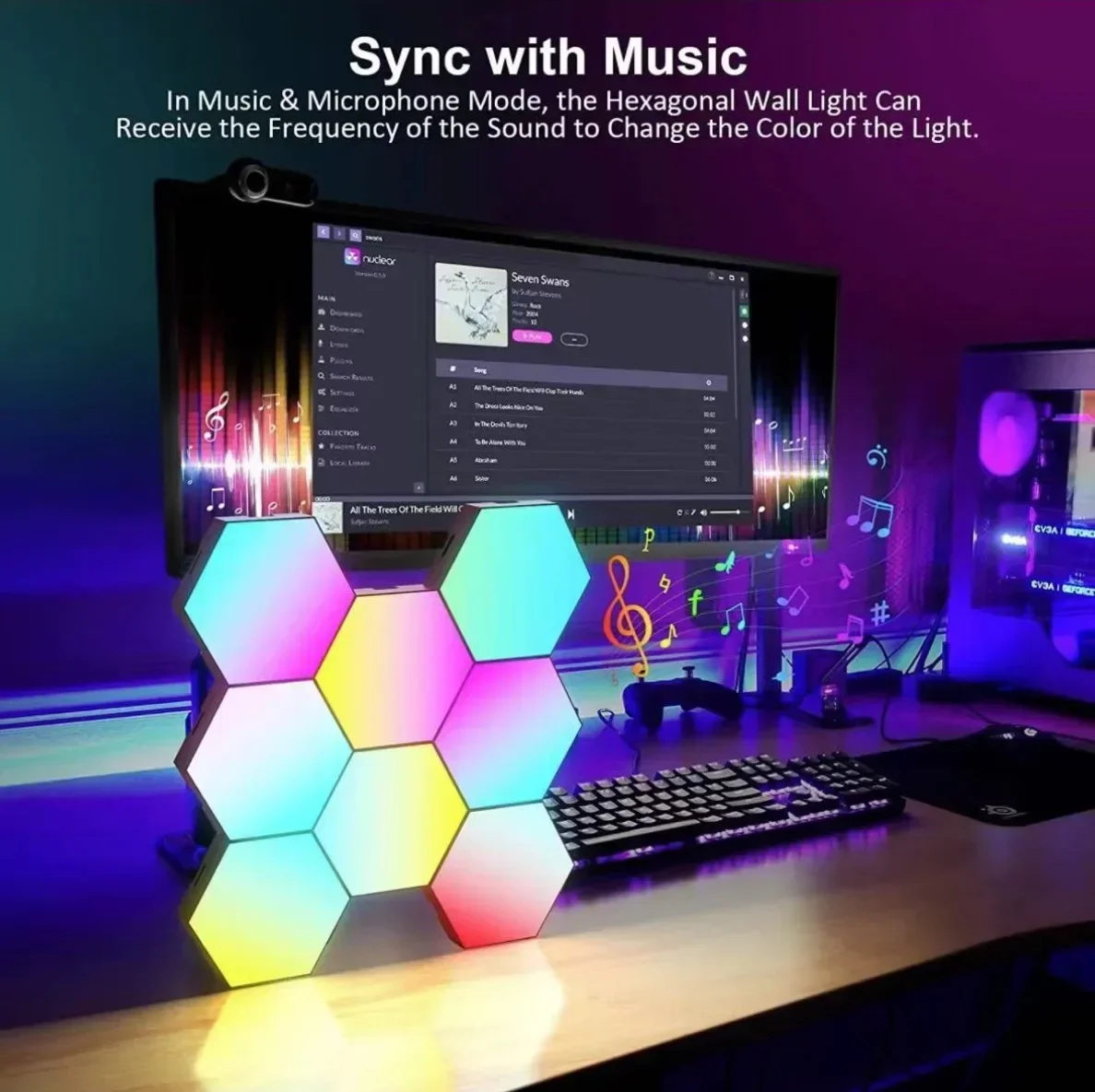 Inteligente RGB LED Hexagon Lâmpada de Parede, Música Sync Luzes Ambiente, Quarto Gamer, Decoração do feriado, Wi-Fi, Bluetooth, Happy Birthday