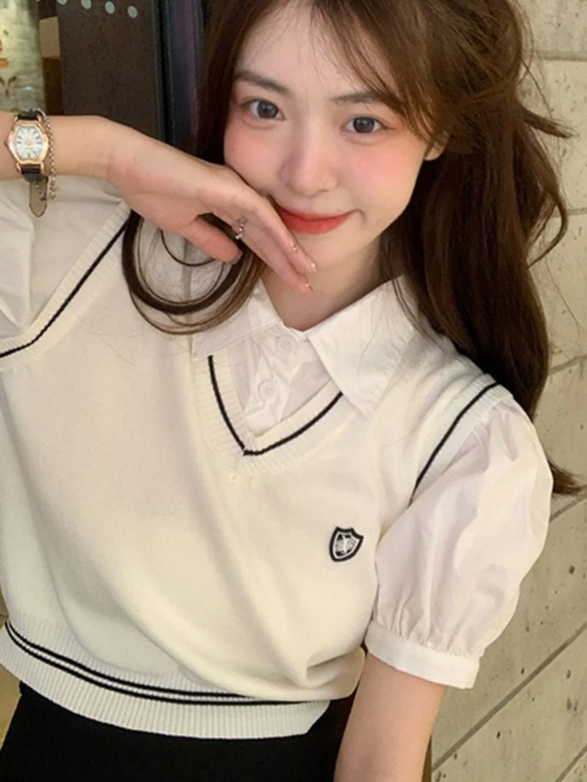 Doce sle malha irt feminino bolha sve ort sve acolchoado jaet falso duas peças verão topo faculdade sle