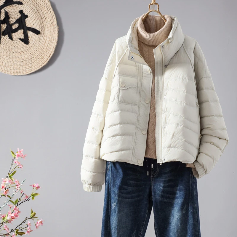 Schinteon feminino 90% pato branco para baixo jaqueta casual solto outono inverno outwear gola estilo coreano casaco curto 2025 novo