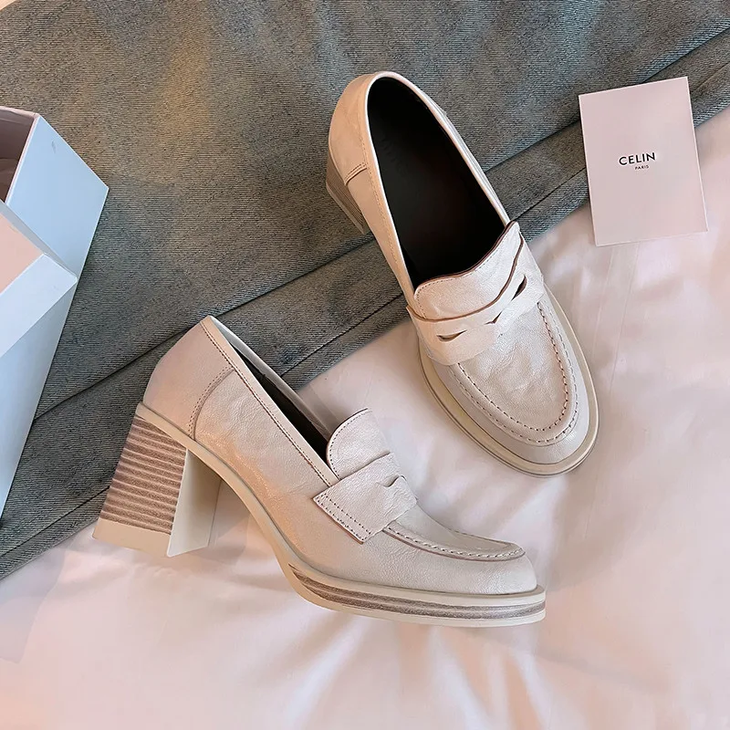 

MKKHOU Fashion Pumps New High Quality Genuine Leather Shoes Round Head Coarse Heels High Heels Loafers Shoes Lolita Shoes Women