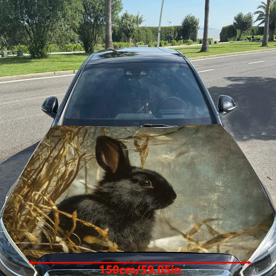 Car Decals Black Rabbit in Straw Nest Car Hood Sticker, Waterproof Self - Adhesive Vinyl Graphics Decals, Decorative Protective