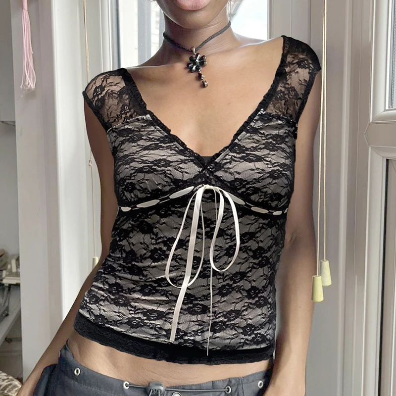 BIIKPIIK Lace Semi-perspective Women T-shirts Contrast Color Lace-up Slim Fit Tees Casual V-neck Sleeveless Female Tops Summer