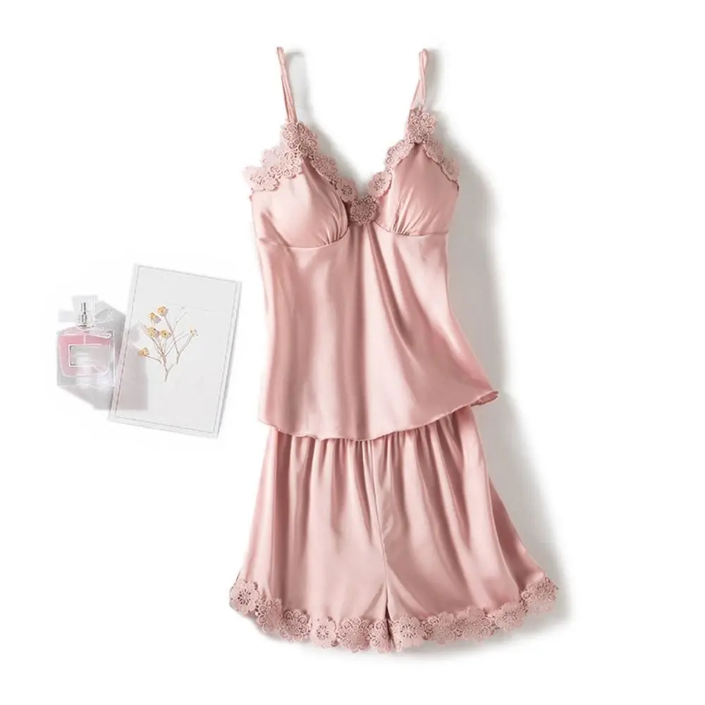 

Ice Silk Lace Pajamas Suit V-Neck Sleeveless Sling Shorts Nightwear with Pad Female Home Clothes Two Piece Sleepwear Sets Summer