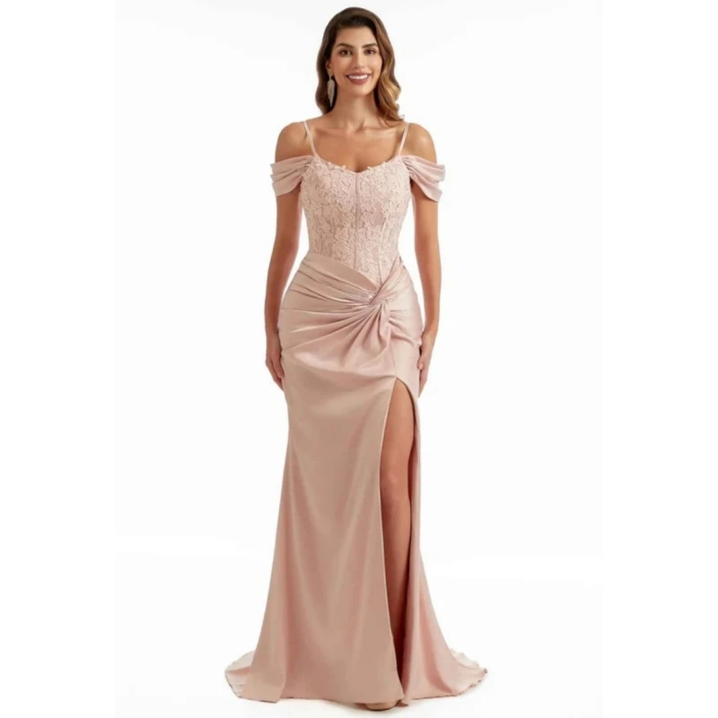 

Корсетные платья для выпускного вечера с открытыми плечами, атласное платье подружки невесты, длинное вечернее платье с разрезом