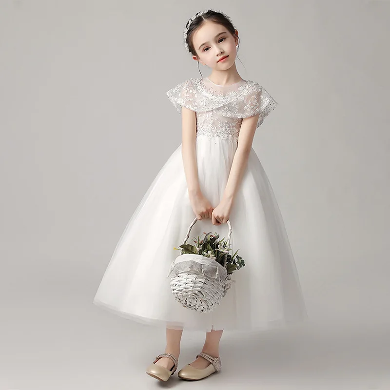 New Children's Wedding Dress Host Performance Birthday Girl Lace Medium Length Dress Princess Fluffy Skirt  Flower Girl Dress