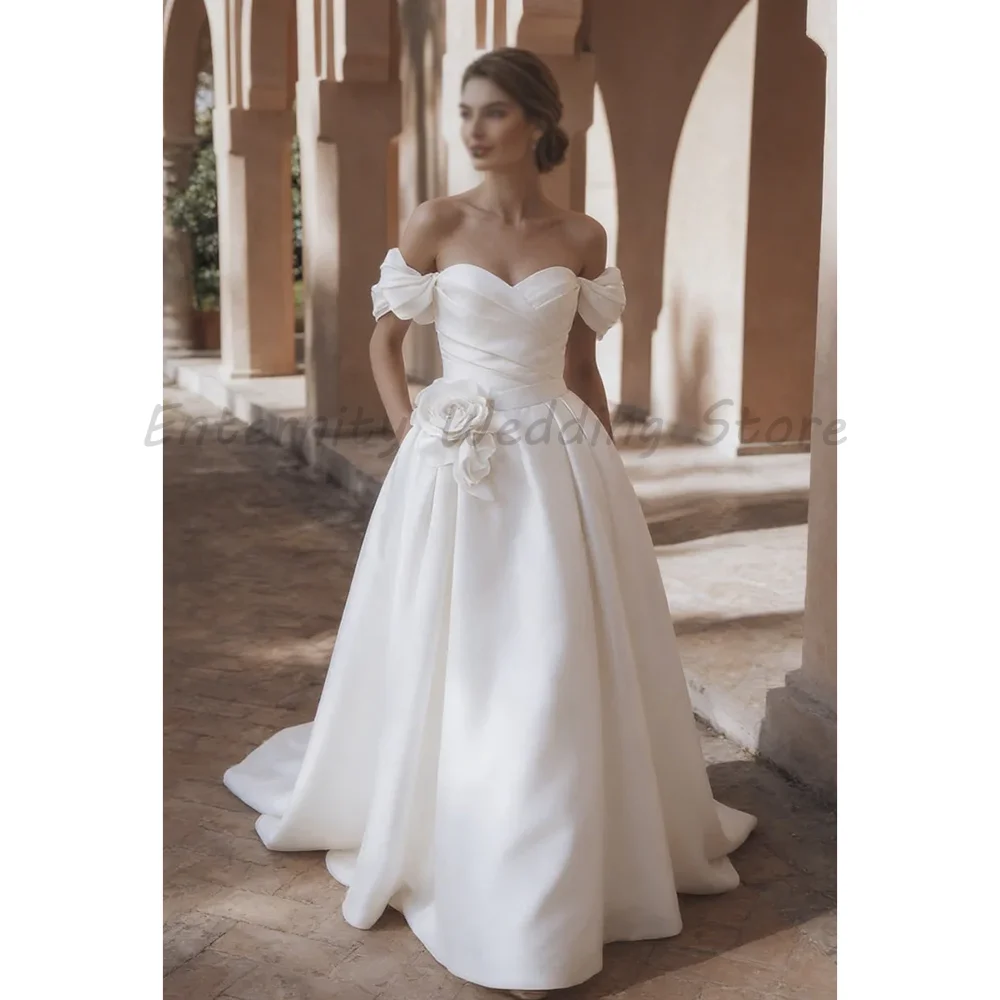 Off Shoulder Puff Sleeve Satin A Line Wedding Dress Sweetheart Ruched Bodice 3D Flower Long Train Bridal Gown