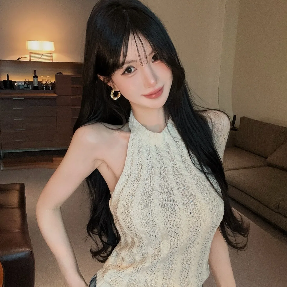 Sexy Backless Glitter Diamond Necklace Knitted Top Women's Summer Slim Fit round Neck Crop Top Trendy Streetwear Style