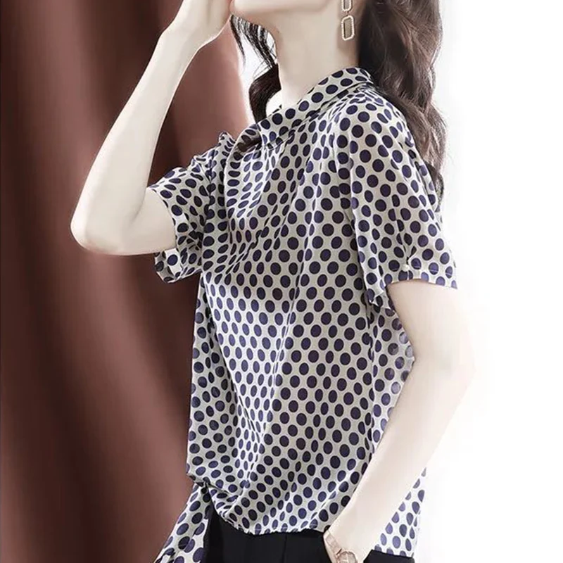 Elegant Fashion Polka dot Printing Button Bow Chiffon Shirt Summer 2023 O-Neck Short Sleeve Loose Pullover Blouse Women Clothing