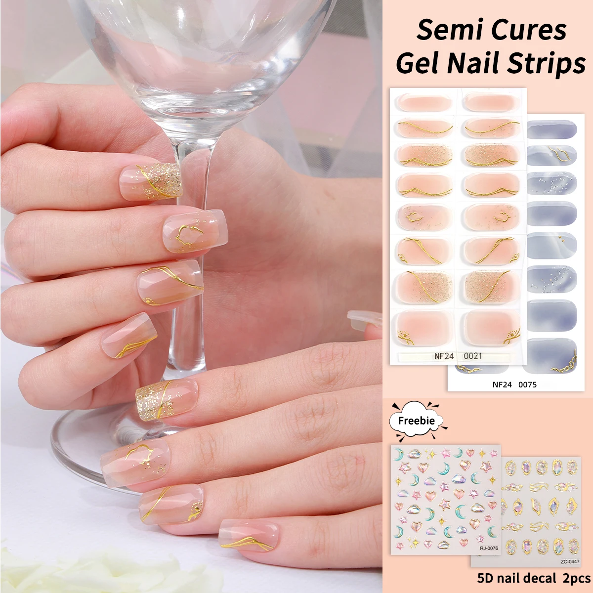 

16Tips*2pcs Pink Blue Semi Cured Gel Nail Strips Gold Lines Gradient Adhesive Gel Nail Sticker+Freebie 2pcs 5D Jelly Nail Decals