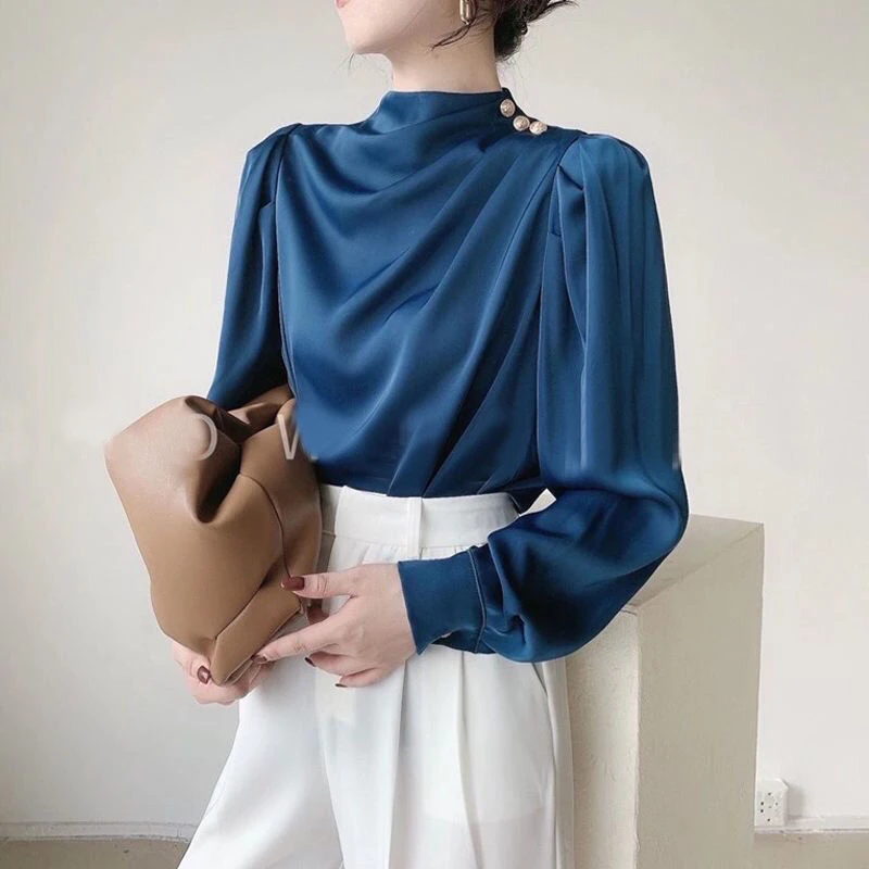 Satin Retro Elegant Chic Luxury Design Office Lady Business Casual Shirt Fashion Ruffle Solid Long Sleeve Tops Blouses For Women