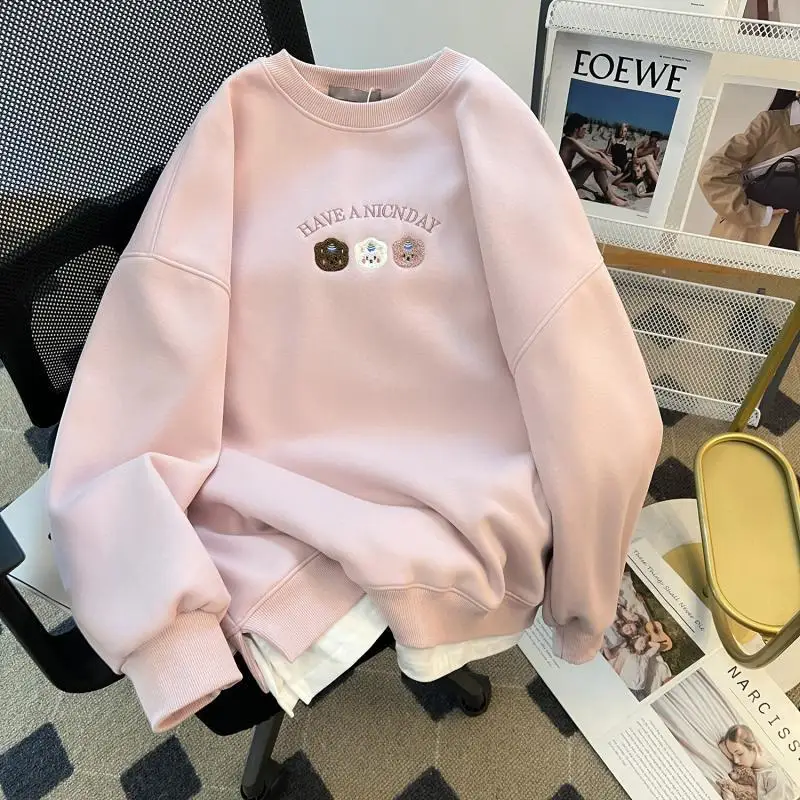 Large Size 2-300 Pounds Sweet Dopamine Embroidered Fake Two-piece Sweatshirt for Women Early Autumn Loose Design Thin Coat