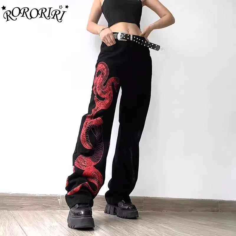 

RORORIRI Snake Print Baggy Jeans for Women Gothic Black Low Waist Casual Wide Leg Pants Hiphop Trousers Grunge Y2k Streetwear