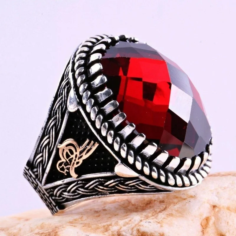 2025 Couples Matching Gothic Accessories Men's Woman's Ring Trendy Diamond Mirror Wine Ruby Hip Hop Punk Nightclub Jewelry