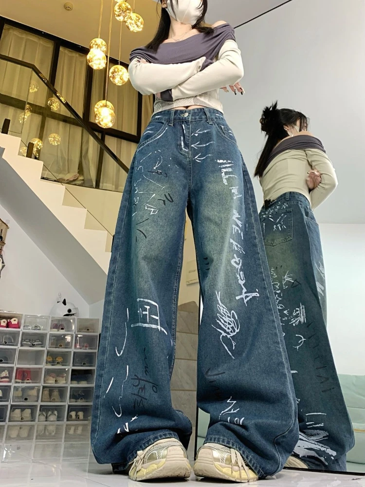 

Women's Baggy Graffiti Jeans American Streetwear High Waist Wide Leg Denim Pants Loose Fit Straight Trousers