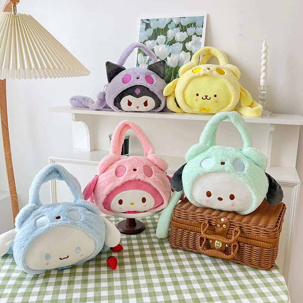 Kawaii Sanrio Plush Handbags Melody Kuromi Cinnamoroll Cute Cartoon Peripheral Plush Tote Women Storage Bags Holiday Girls Gifts