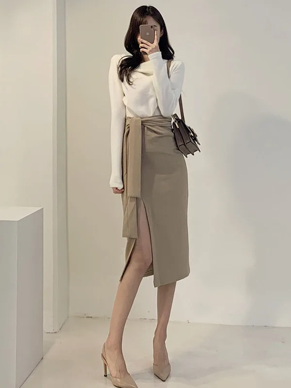 Gonna longuette a vita alta Ele da donna Faionable Versatile f-lunghezza Primavera Semplice Chic Gonna snellente con cintura con cravatta laterale
