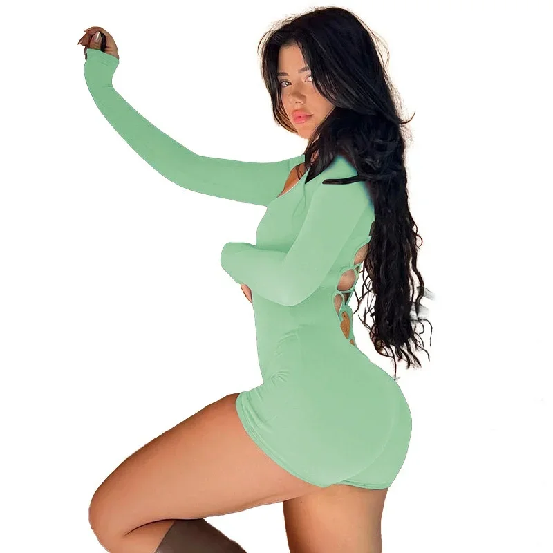 Round -Neck Solid Color Long -Sleeved Jacket Sexy Backbuilding Conjoined Shorts Fashion Sports Fitness Women's Clothing