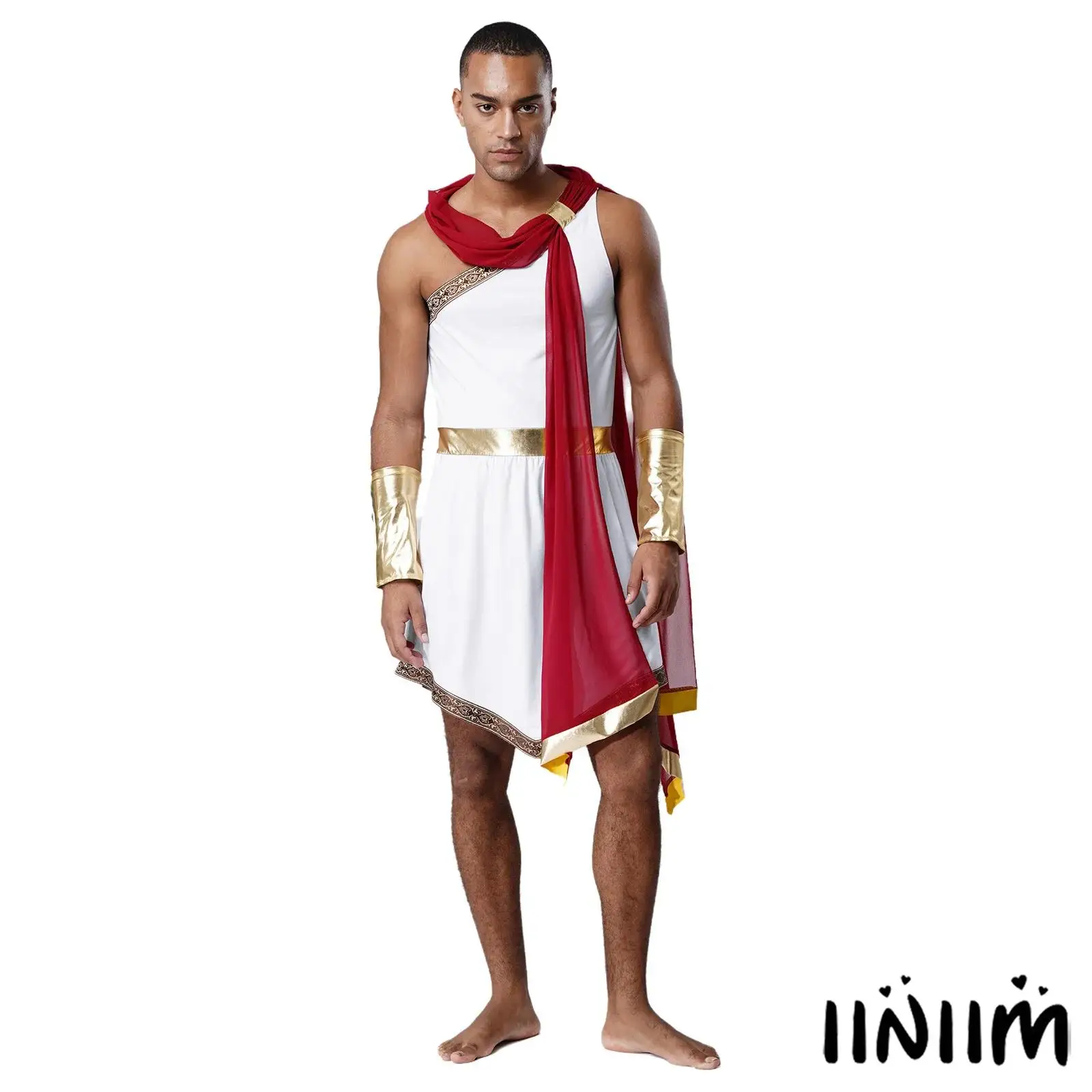 

Adult Mens Classical Greek Gala Robe Sleeveless Design Detachable Gold Cuffs Irregular Hem One Shoulder Banquet Cosplay Outfit