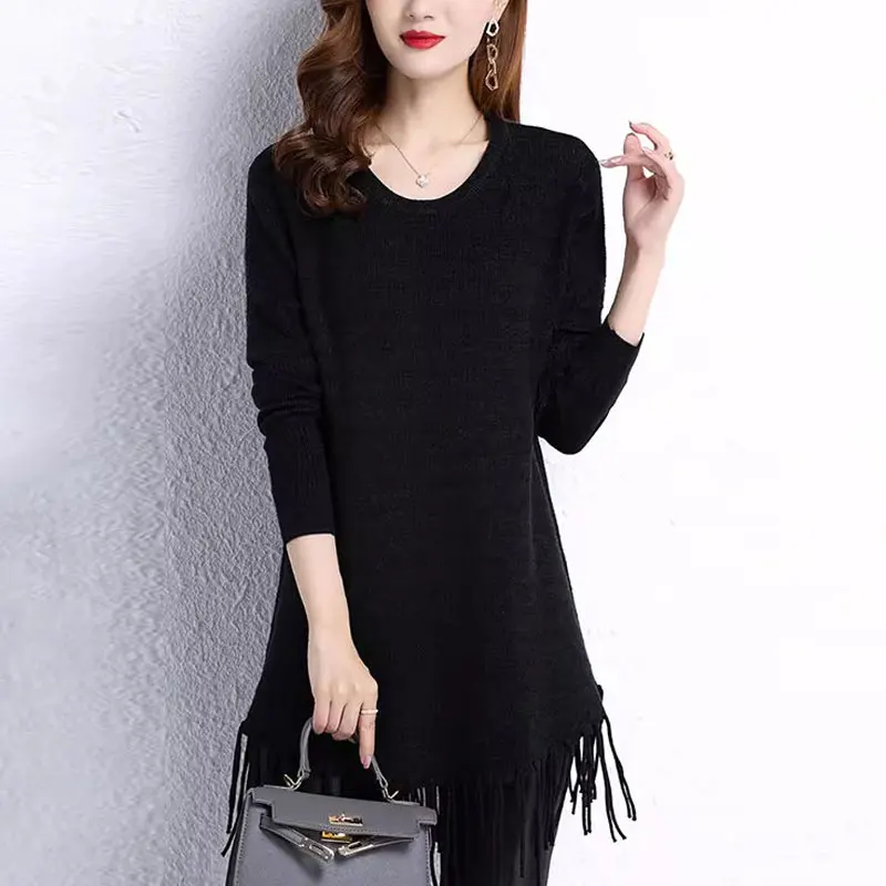 Basic Casual O-Neck Knitted Jumpers Autumn Winter Fashion Tassel Spliced Women\'s Clothing Loose Solid Color Long Sleeve Sweaters