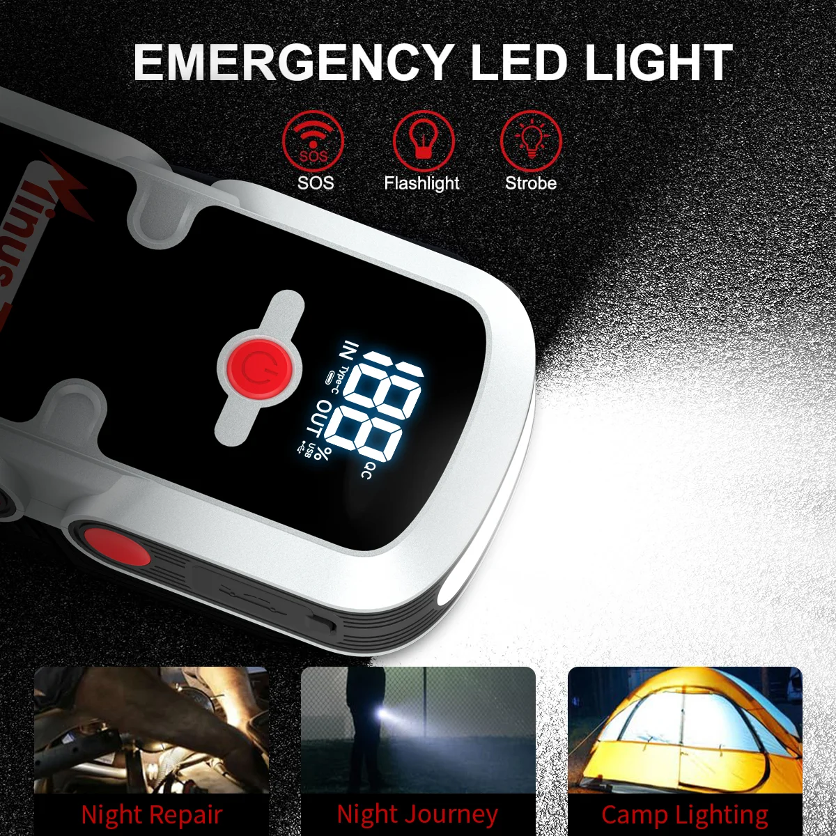 Portable Jump Starter for All Engines, Car Battery Booster, Power Bank with USB Fast Charging & LED Flashlight.