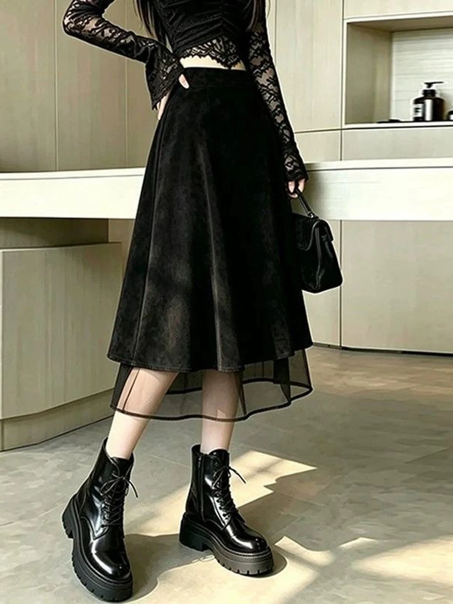 American Style Suede  Skirt Women's High Waist Patchwork Netting A-Line Midi Skirt Simple Commute No  Non-Stretch