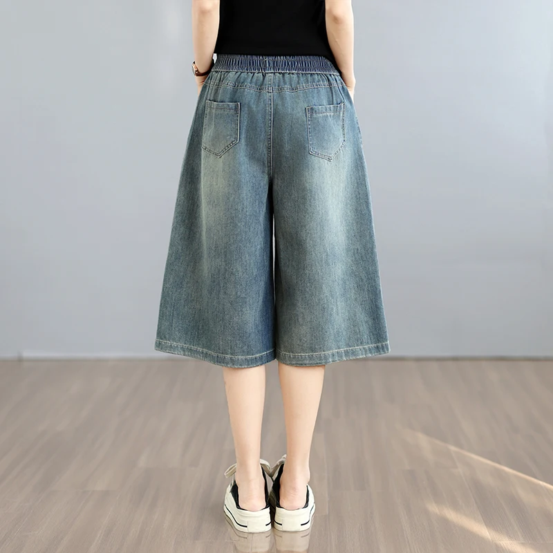 YZJNH 2026 Summer Thin Jeans Women's Loose Elastic Waist Casual Pants Wide Leg Jeans Large Size capri pants Women