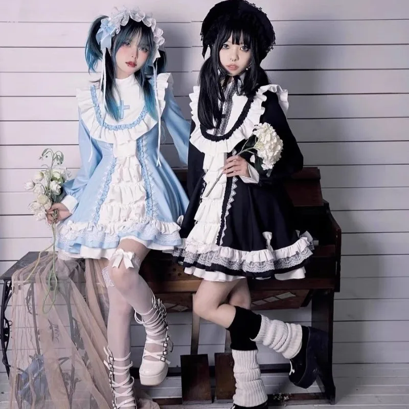 

Japanese Harajuku Lolita Dress Kawaii Princess Blue White Patchwork Bow Ruffles Maid Dresses for Women Girl Tea Party Outfits