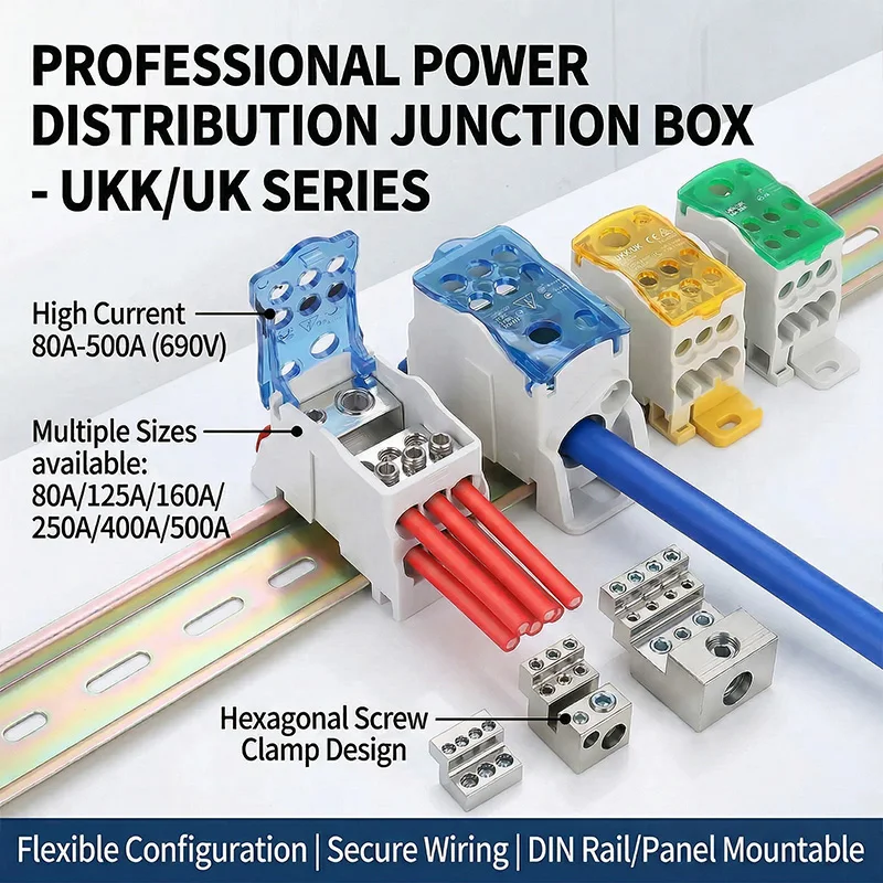 UKK Distribution Terminal Block, DIN Rail Power Junction Box One In Seven Out 80A 125A 160A 250A 400A Wire Connector