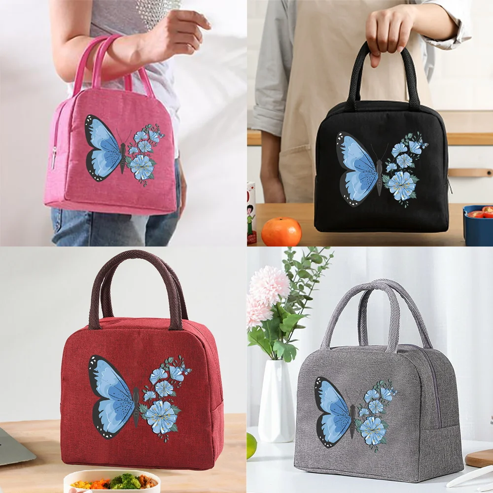 

Lunch Insulated Bag Thermal Food Picnic Bags Handbags Organizern Blue Flower Butterfly Partten Unisex Cooler Tote for Work