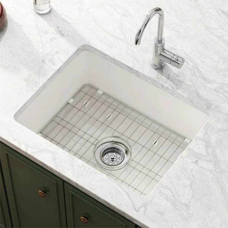 24x18 Under Mount Kitchen Sink 24in Double Mount White Kitchen Sink Over Mount Deep Single Bowl Bottom Mesh and Filter Drain